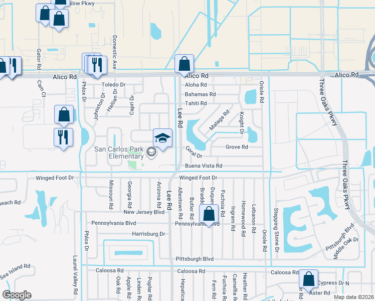 map of restaurants, bars, coffee shops, grocery stores, and more near 8310 Coral Drive in Fort Myers