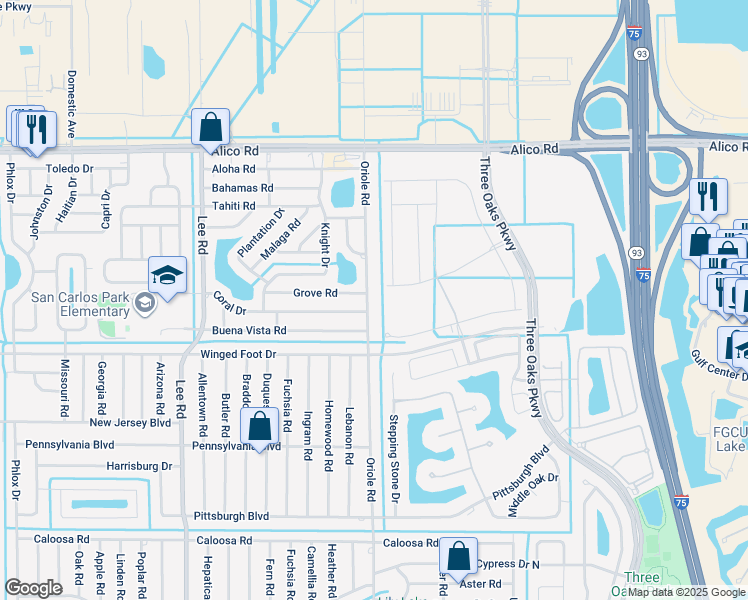 map of restaurants, bars, coffee shops, grocery stores, and more near 17301 Oriole Road in Fort Myers