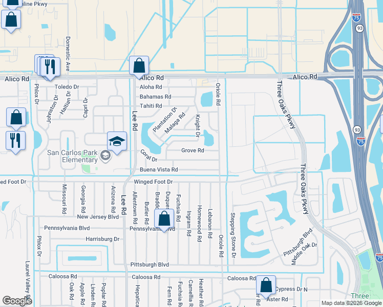 map of restaurants, bars, coffee shops, grocery stores, and more near 8424 Grove Road in Fort Myers
