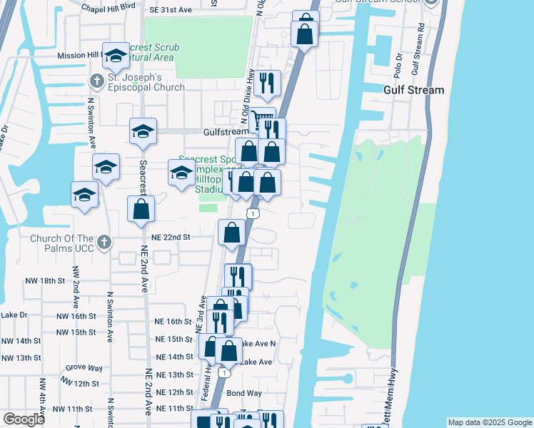 map of restaurants, bars, coffee shops, grocery stores, and more near 2401 North Federal Highway in Delray Beach