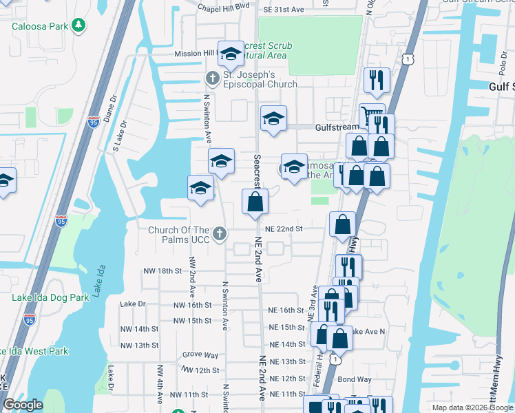 map of restaurants, bars, coffee shops, grocery stores, and more near 2228 Seacrest Boulevard in Boynton Beach