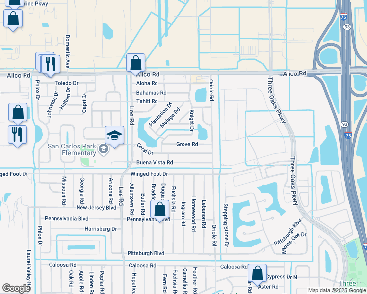map of restaurants, bars, coffee shops, grocery stores, and more near 8424 Grove Road in Fort Myers