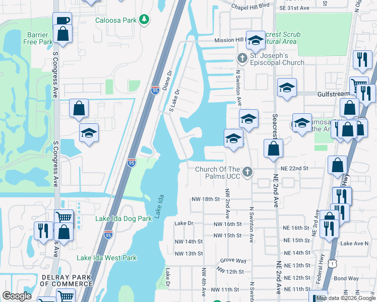 map of restaurants, bars, coffee shops, grocery stores, and more near 3900 South Lake Drive in Boynton Beach