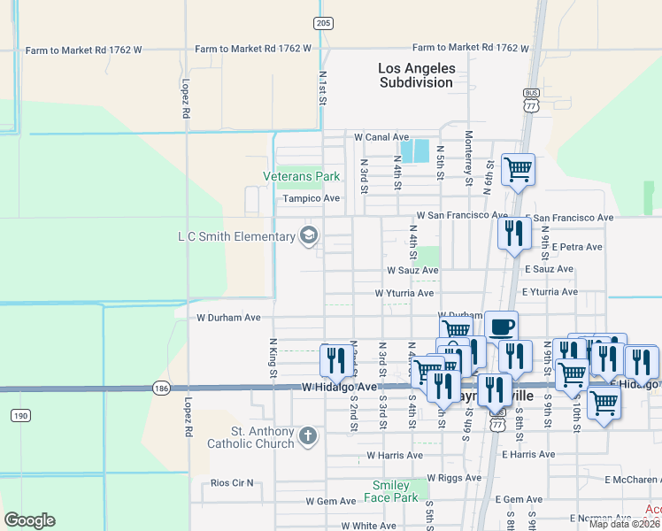 map of restaurants, bars, coffee shops, grocery stores, and more near 600-698 North 1st Street in Raymondville
