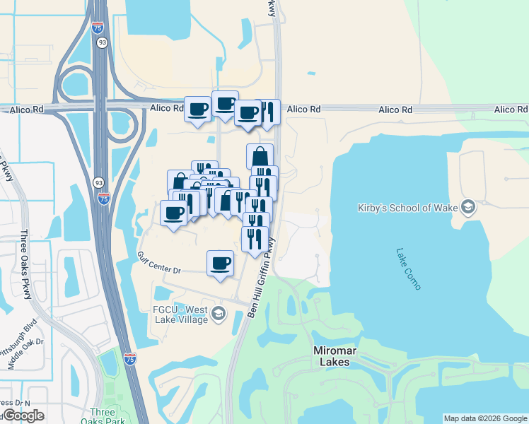 map of restaurants, bars, coffee shops, grocery stores, and more near 17470 Ben Hill Griffin Parkway in Fort Myers