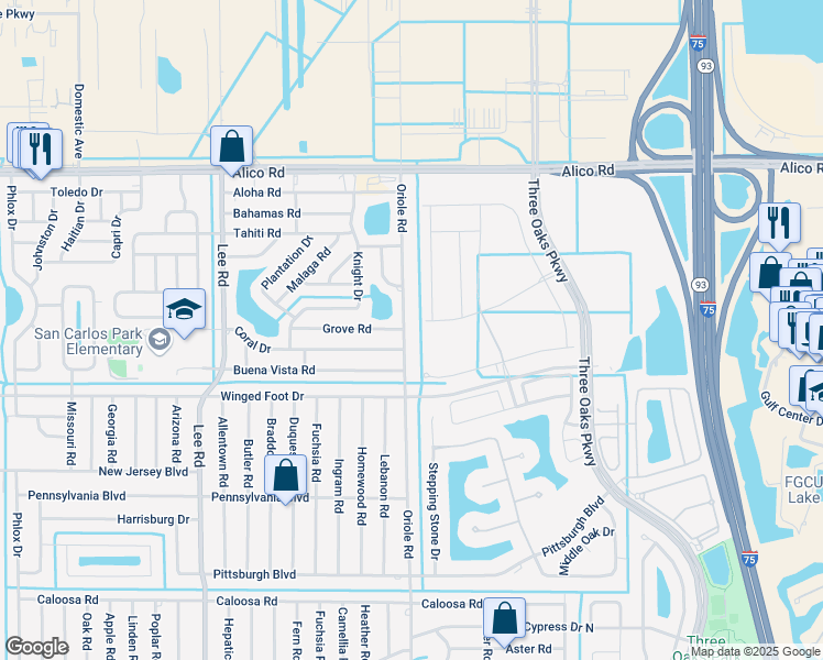 map of restaurants, bars, coffee shops, grocery stores, and more near 17301 Oriole Road in Fort Myers