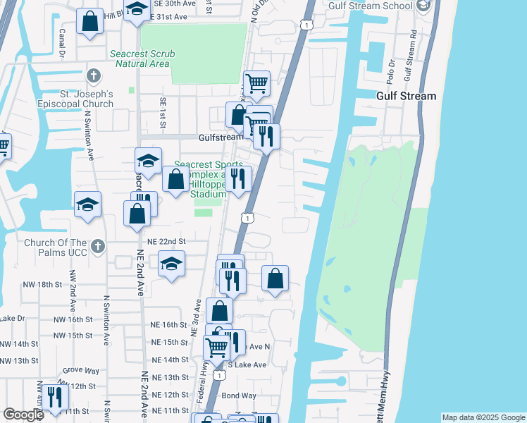 map of restaurants, bars, coffee shops, grocery stores, and more near 2401 North Federal Highway in Delray Beach