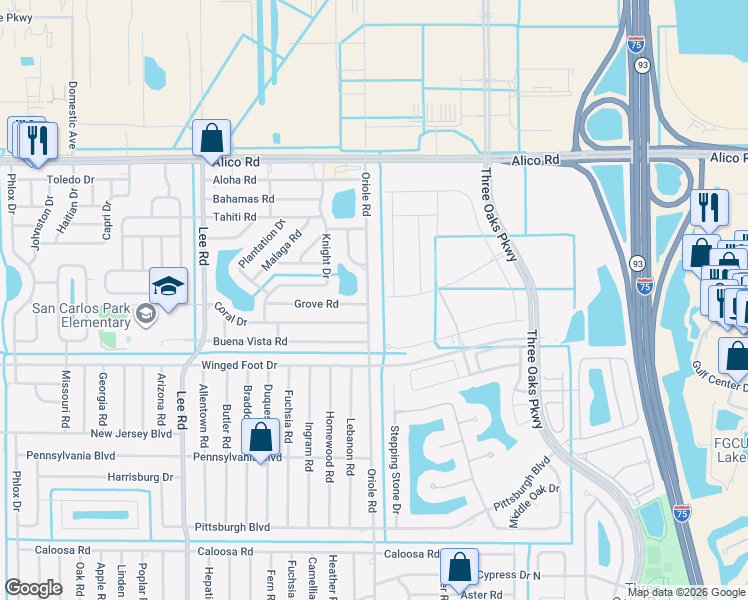 map of restaurants, bars, coffee shops, grocery stores, and more near 17285 Oriole Road in Fort Myers