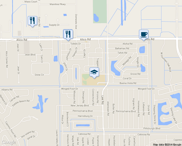 map of restaurants, bars, coffee shops, grocery stores, and more near 17360 Caloosa Trace Circle in Fort Myers