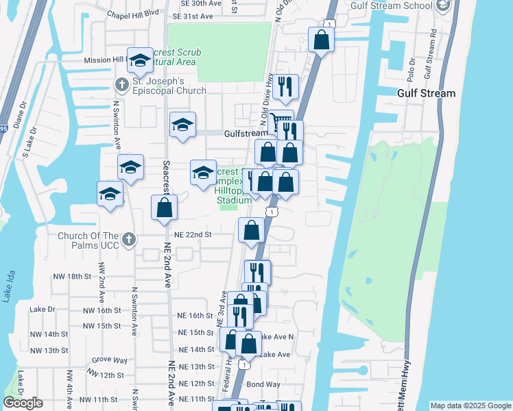 map of restaurants, bars, coffee shops, grocery stores, and more near 2455 Old Dixie Highway in Delray Beach