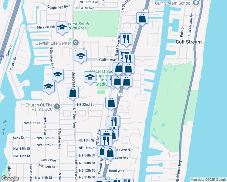 map of restaurants, bars, coffee shops, grocery stores, and more near 2400 South Federal Highway in Delray Beach