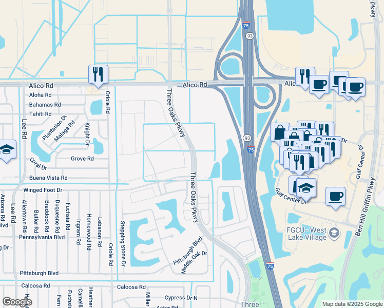 map of restaurants, bars, coffee shops, grocery stores, and more near 21029 3 Oaks Parkway in Fort Myers