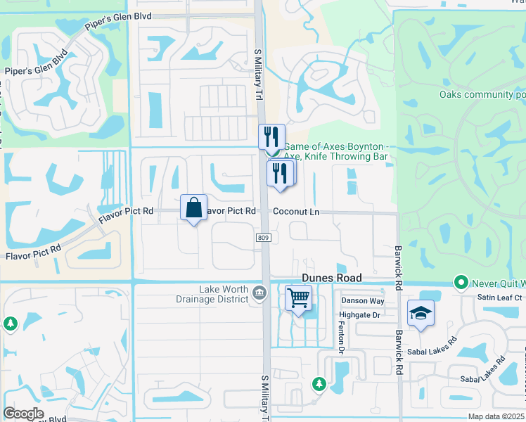 map of restaurants, bars, coffee shops, grocery stores, and more near S Military Trail & Coconut Ln in Boynton Beach