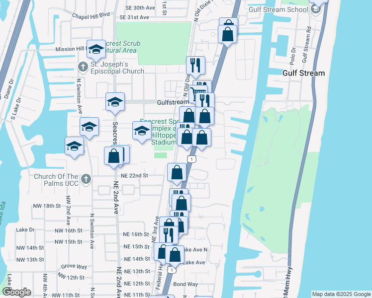 map of restaurants, bars, coffee shops, grocery stores, and more near 2406 North Old Dixie Highway in Delray Beach
