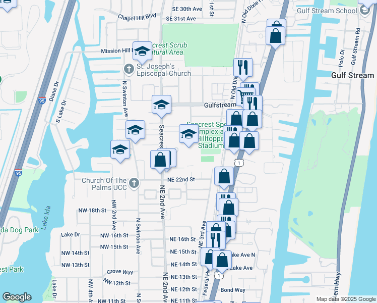 map of restaurants, bars, coffee shops, grocery stores, and more near 2501 Seacrest Boulevard in Delray Beach