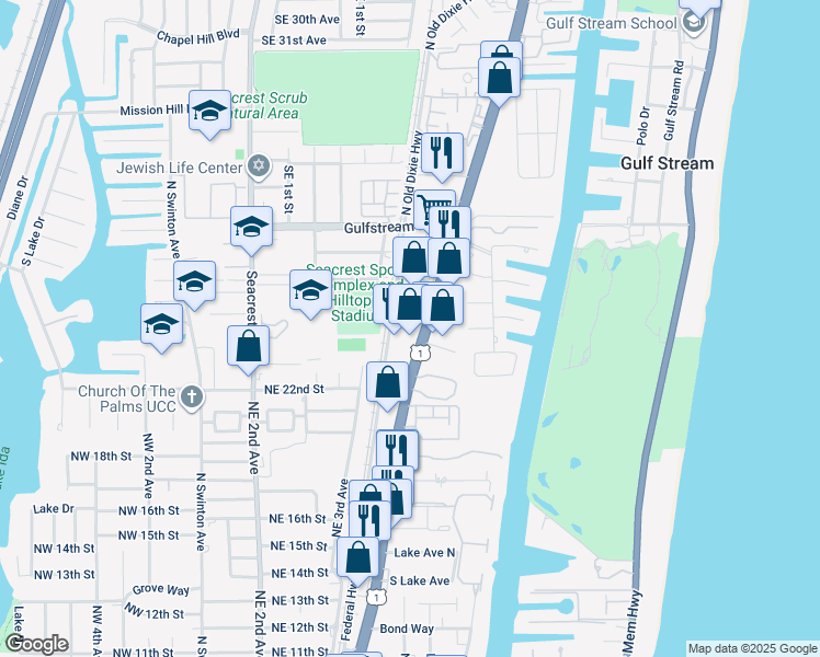 map of restaurants, bars, coffee shops, grocery stores, and more near 2406 North Old Dixie Highway in Delray Beach