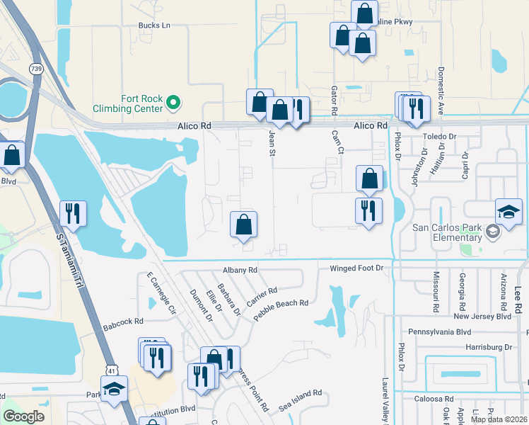 map of restaurants, bars, coffee shops, grocery stores, and more near 17280 Jean Street in Fort Myers