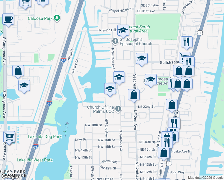 map of restaurants, bars, coffee shops, grocery stores, and more near 8 Northwest 24th Court in Delray Beach