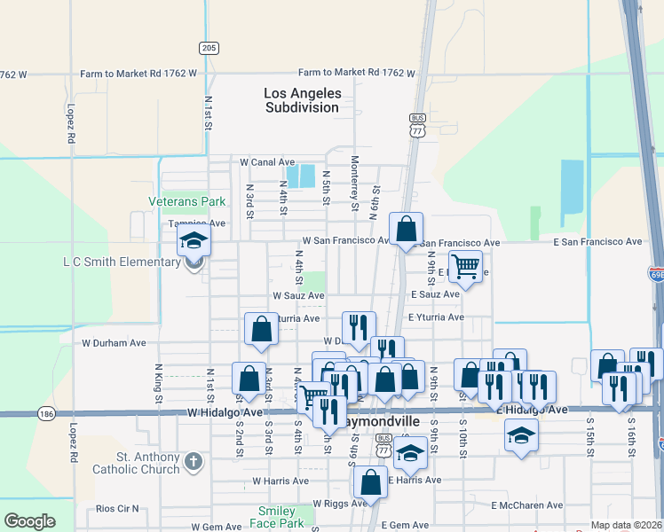 map of restaurants, bars, coffee shops, grocery stores, and more near 601-899 Huisache Street in Raymondville