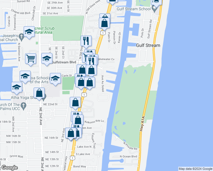 map of restaurants, bars, coffee shops, grocery stores, and more near Emerald Row in Gulf Stream