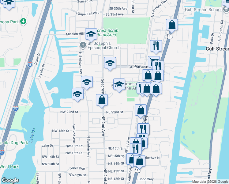 map of restaurants, bars, coffee shops, grocery stores, and more near 2503 Seacrest Boulevard in Delray Beach