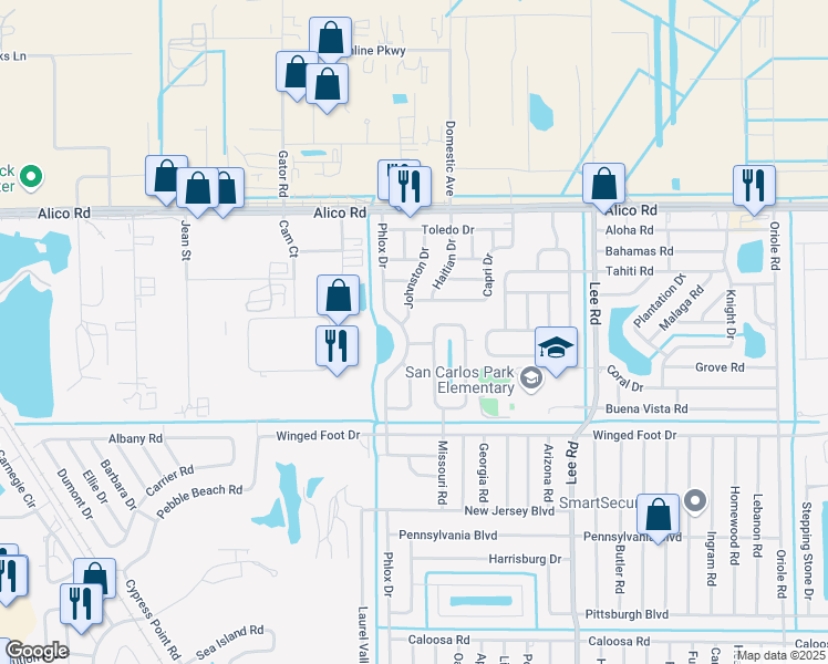 map of restaurants, bars, coffee shops, grocery stores, and more near 17249 Phlox Drive in Fort Myers