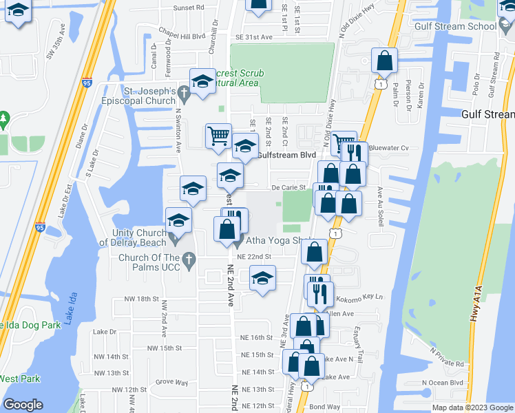 map of restaurants, bars, coffee shops, grocery stores, and more near 2501 Seacrest Boulevard in Delray Beach