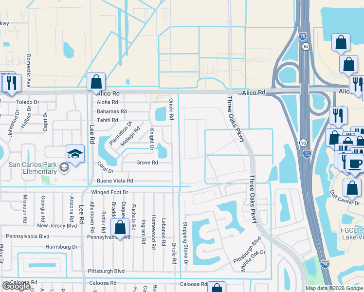 map of restaurants, bars, coffee shops, grocery stores, and more near 17200 Anesbury Place in Fort Myers