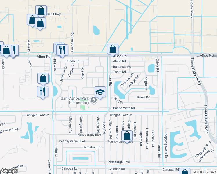 map of restaurants, bars, coffee shops, grocery stores, and more near 17237 Lee Road in Fort Myers