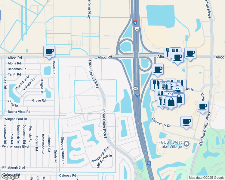 map of restaurants, bars, coffee shops, grocery stores, and more near 21029 3 Oaks Parkway in Fort Myers