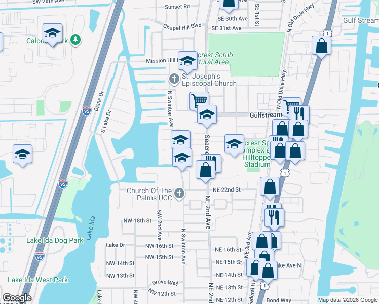 map of restaurants, bars, coffee shops, grocery stores, and more near 101 Avocado Road in Delray Beach