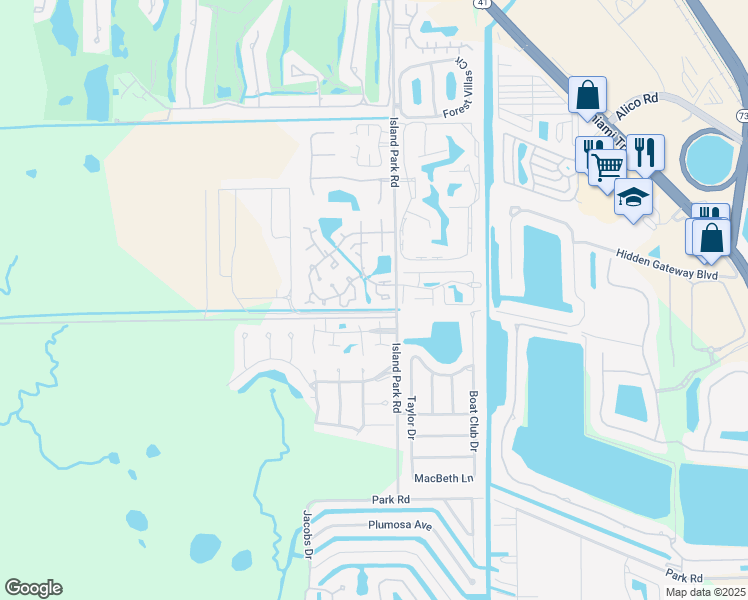 map of restaurants, bars, coffee shops, grocery stores, and more near 17420 Birchwood Lane in Fort Myers