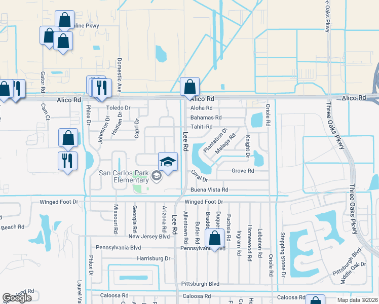 map of restaurants, bars, coffee shops, grocery stores, and more near 17237 Lee Rd in Fort Myers