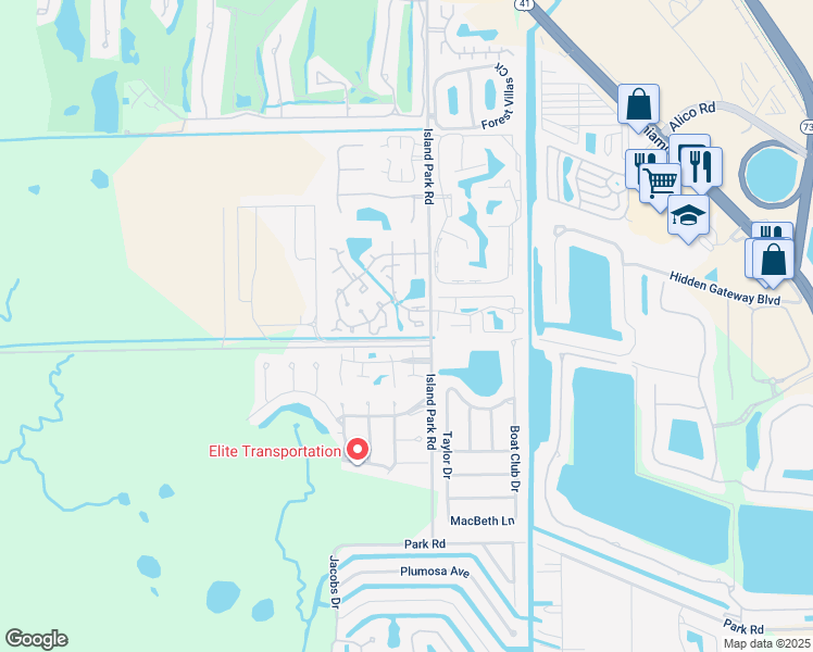 map of restaurants, bars, coffee shops, grocery stores, and more near 17424 Birchwood Lane in Fort Myers