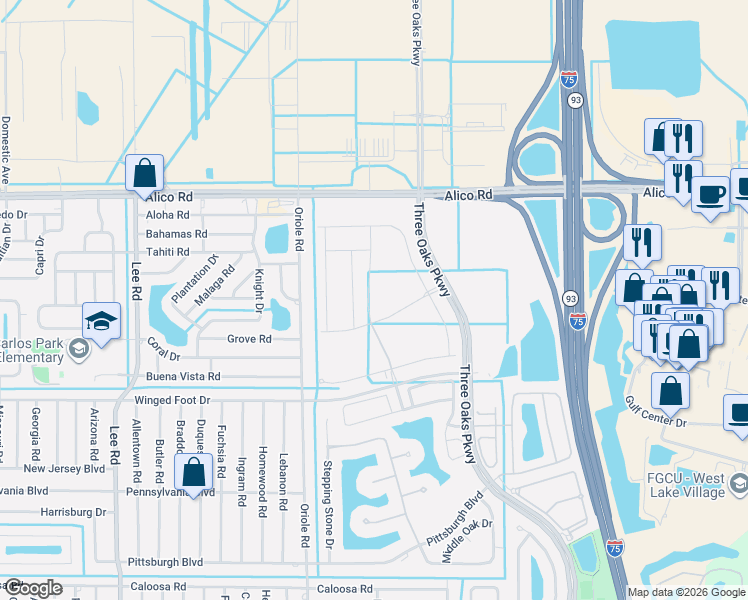 map of restaurants, bars, coffee shops, grocery stores, and more near 17175 Hadlow Place in Fort Myers
