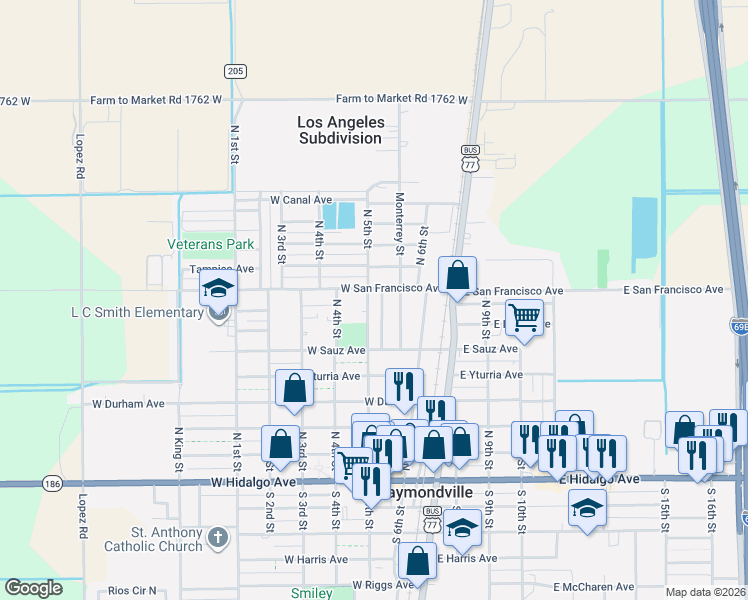 map of restaurants, bars, coffee shops, grocery stores, and more near 601-899 Huisache Street in Raymondville
