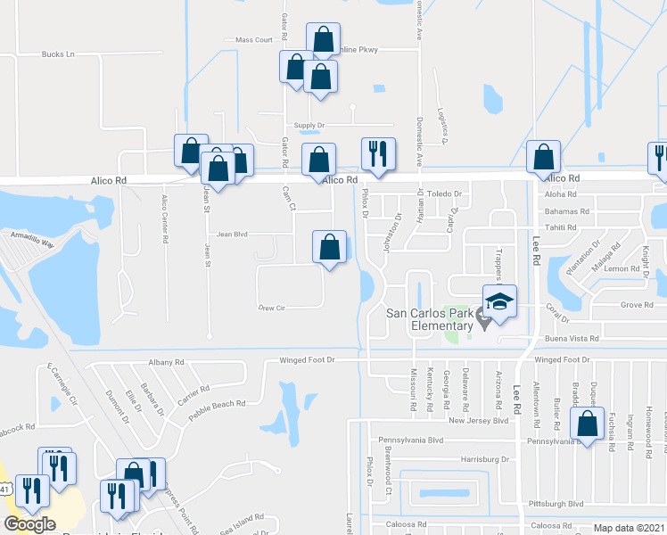 map of restaurants, bars, coffee shops, grocery stores, and more near 7851 Drew Circle in Fort Myers