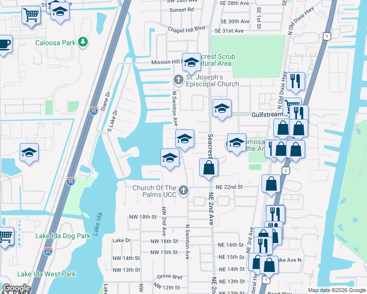 map of restaurants, bars, coffee shops, grocery stores, and more near 101 Avocado Road in Delray Beach