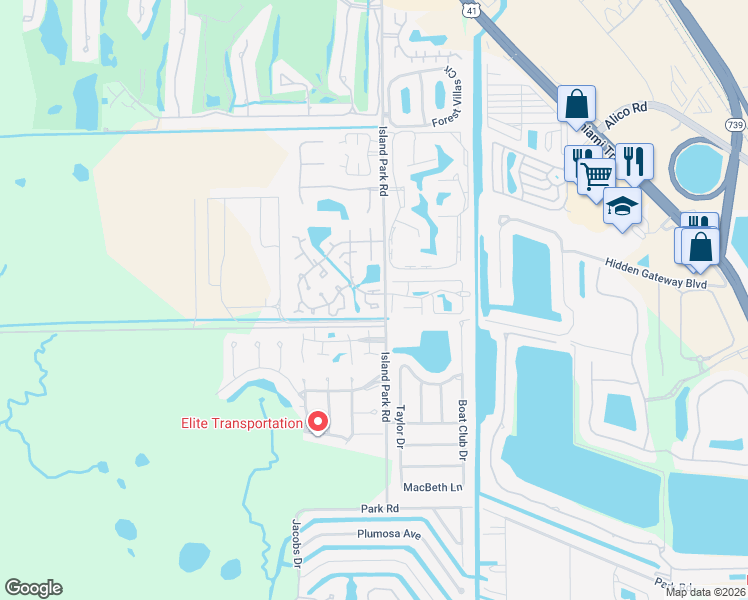 map of restaurants, bars, coffee shops, grocery stores, and more near 17420 Birchwood Lane in Fort Myers