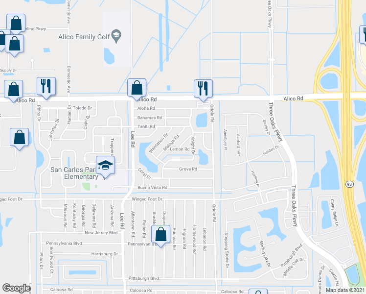 map of restaurants, bars, coffee shops, grocery stores, and more near 17235 Cane Road in Fort Myers