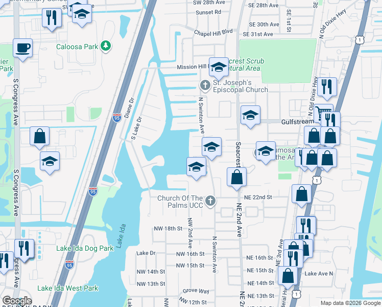 map of restaurants, bars, coffee shops, grocery stores, and more near 26 Northwest 24th Court in Delray Beach