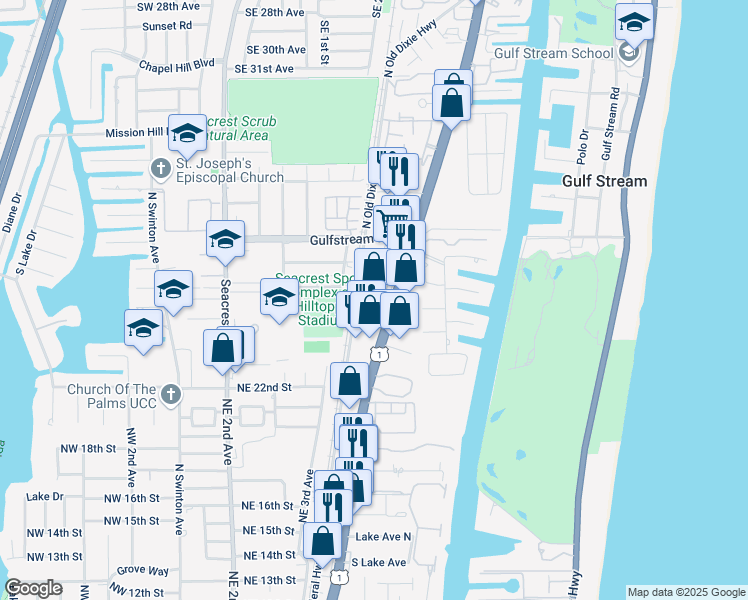 map of restaurants, bars, coffee shops, grocery stores, and more near 2406 North Old Dixie Highway in Delray Beach