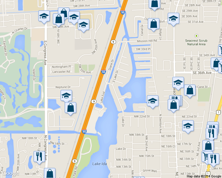 map of restaurants, bars, coffee shops, grocery stores, and more near 3815 South Lake Drive in Boynton Beach