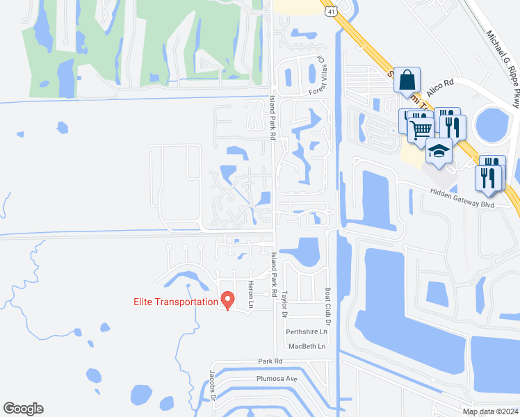 map of restaurants, bars, coffee shops, grocery stores, and more near 17360 Birchwood Lane in Fort Myers