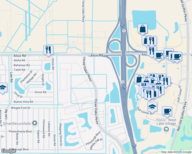map of restaurants, bars, coffee shops, grocery stores, and more near 9374 Bexley Drive in Fort Myers