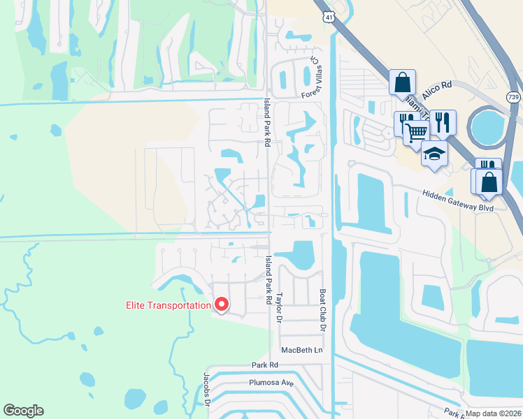 map of restaurants, bars, coffee shops, grocery stores, and more near 17425 Birchwood Lane in Fort Myers