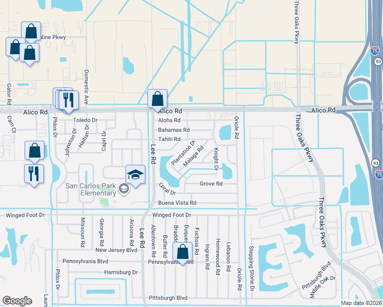 map of restaurants, bars, coffee shops, grocery stores, and more near 17175 Plantation Drive in Fort Myers