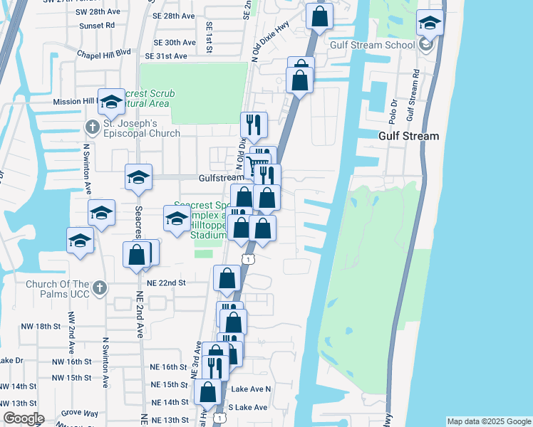 map of restaurants, bars, coffee shops, grocery stores, and more near 2702 North Federal Highway in Delray Beach