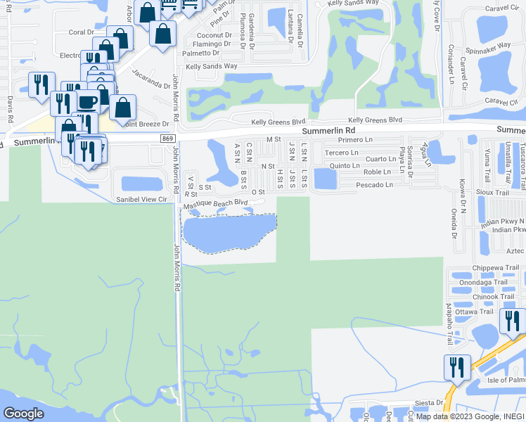 map of restaurants, bars, coffee shops, grocery stores, and more near 19681 Summerlin Road in Fort Myers