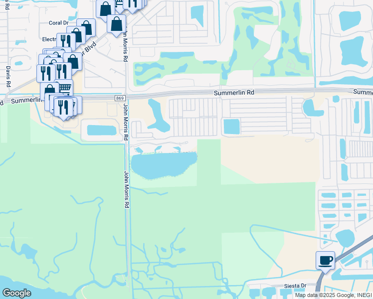 map of restaurants, bars, coffee shops, grocery stores, and more near 19681 Summerlin Road in Fort Myers